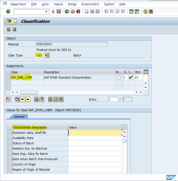 material batch class assignment table in sap