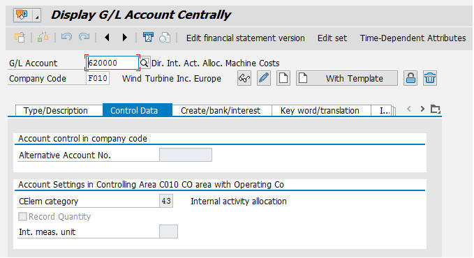 Control data for G/L account showing cost element category for secondary costs