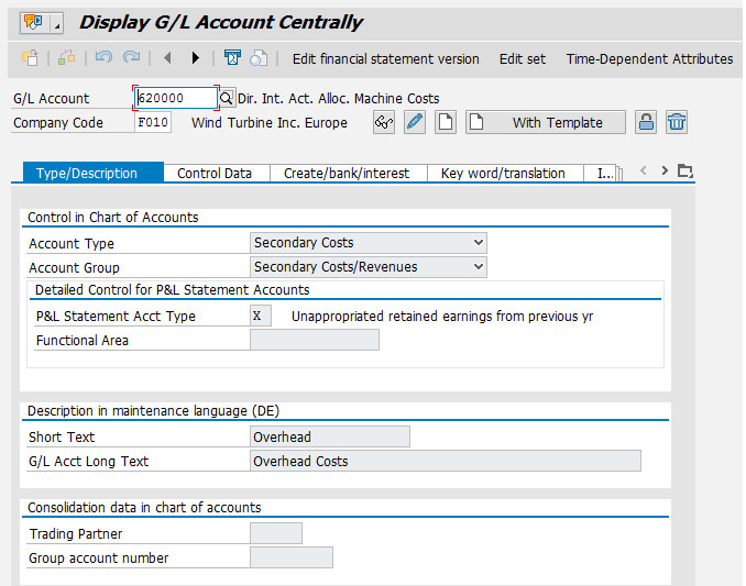 G/L account showing an account type for a secondary cost element